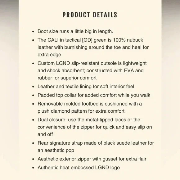 LGND Footwear The CALI Boot in Olive Green Size 10 - Picture 11 of 11